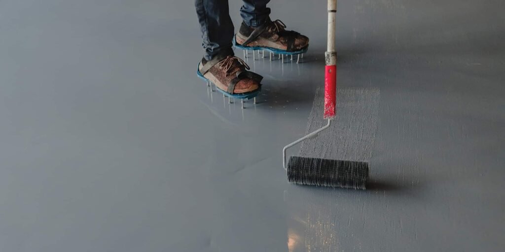 Aplicação de piso autonivelante em ambiente interno, com acabamento liso, nivelamento uniforme e alta resistência para áreas técnicas e industriais.