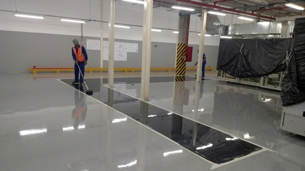 Equipe da Só Garagens aplicando piso epóxi autonivelante com rodo em galpão industrial