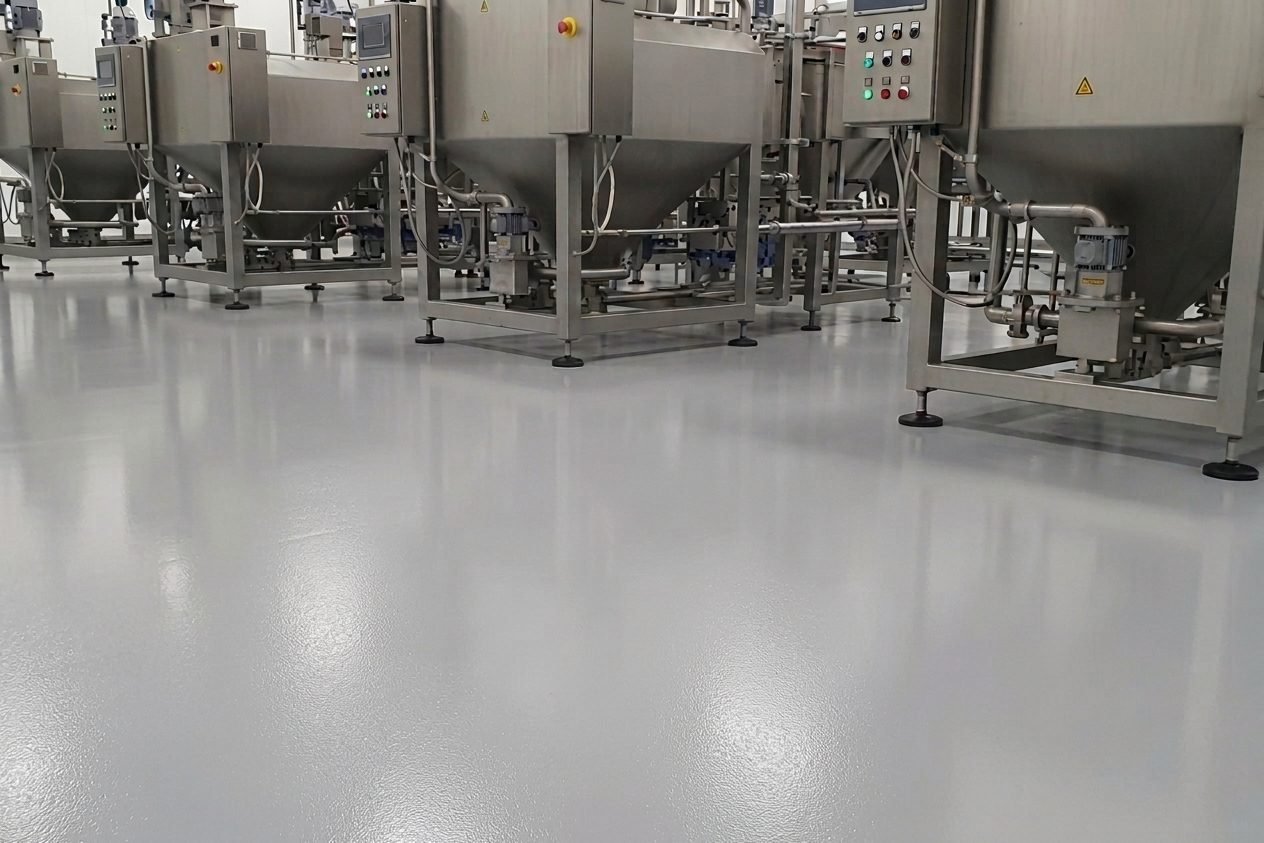 Área de produção industrial com tanques em aço inox sobre piso uretano PU cimentício cinza